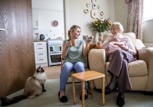 Senior woman sitting in her armchair listening to a younger woman talking. Both look happy as they enjoy a drink and snack together
